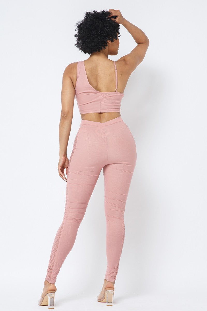 Mesh Strappy Adjustable Ruched Crop Top With Matching See Through Side Panel Leggings - ShopEasier