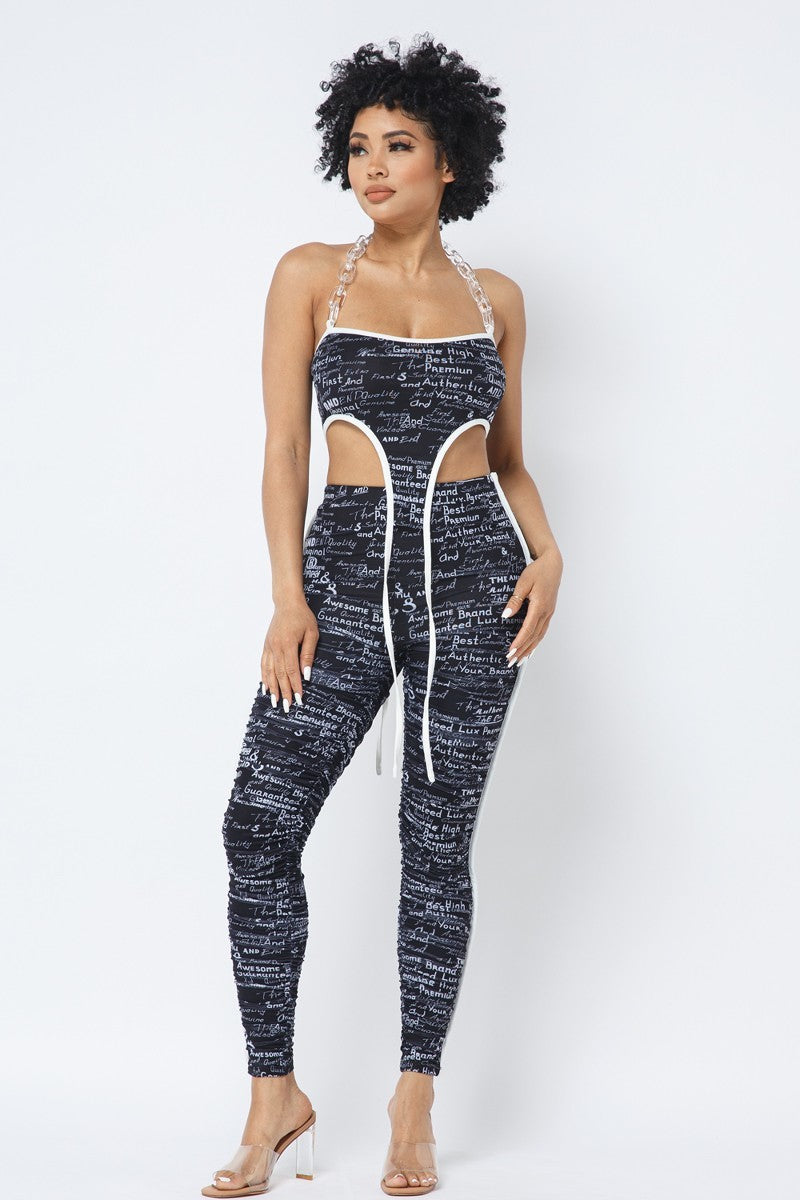 Mesh Print Crop Top With Plastic Chain Halter Neck With Matching Leggings - ShopEasier