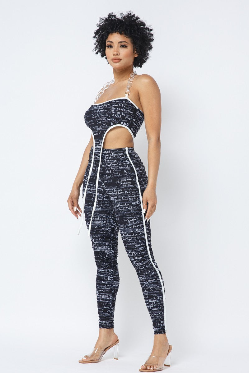 Mesh Print Crop Top With Plastic Chain Halter Neck With Matching Leggings - ShopEasier