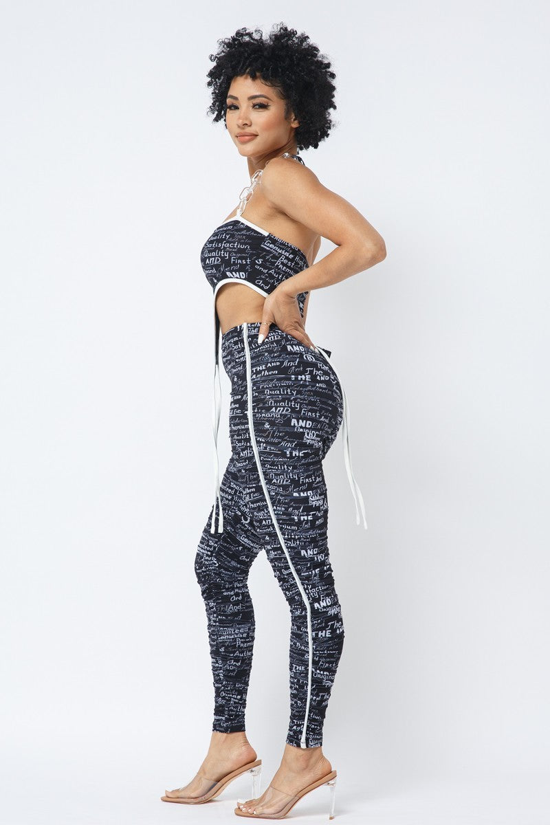 Mesh Print Crop Top With Plastic Chain Halter Neck With Matching Leggings - ShopEasier