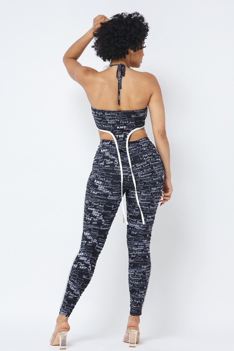 Mesh Print Crop Top With Plastic Chain Halter Neck With Matching Leggings - ShopEasier