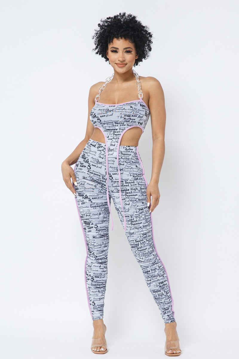 Mesh Print Crop Top With Plastic Chain Halter Neck With Matching Leggings - ShopEasier