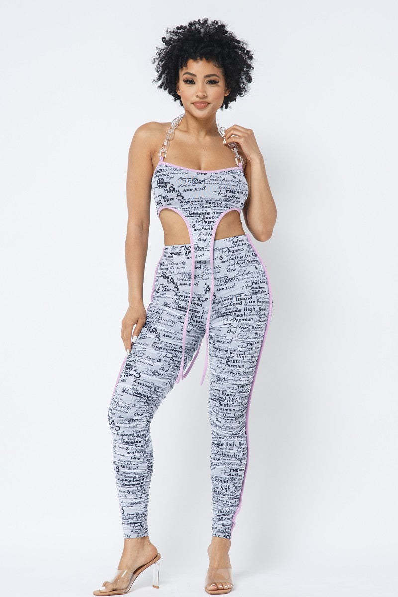 Mesh Print Crop Top With Plastic Chain Halter Neck With Matching Leggings - ShopEasier