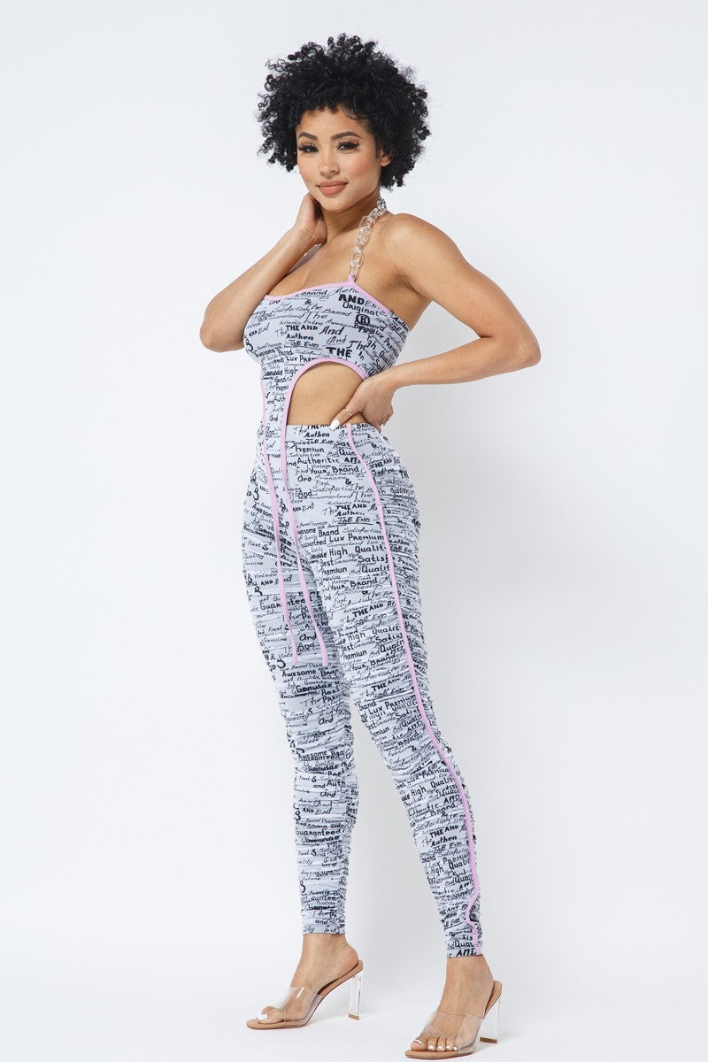 Mesh Print Crop Top With Plastic Chain Halter Neck With Matching Leggings - ShopEasier