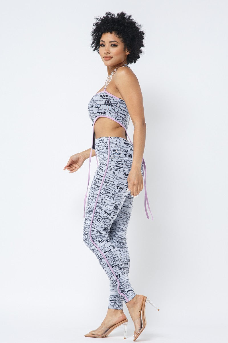 Mesh Print Crop Top With Plastic Chain Halter Neck With Matching Leggings - ShopEasier