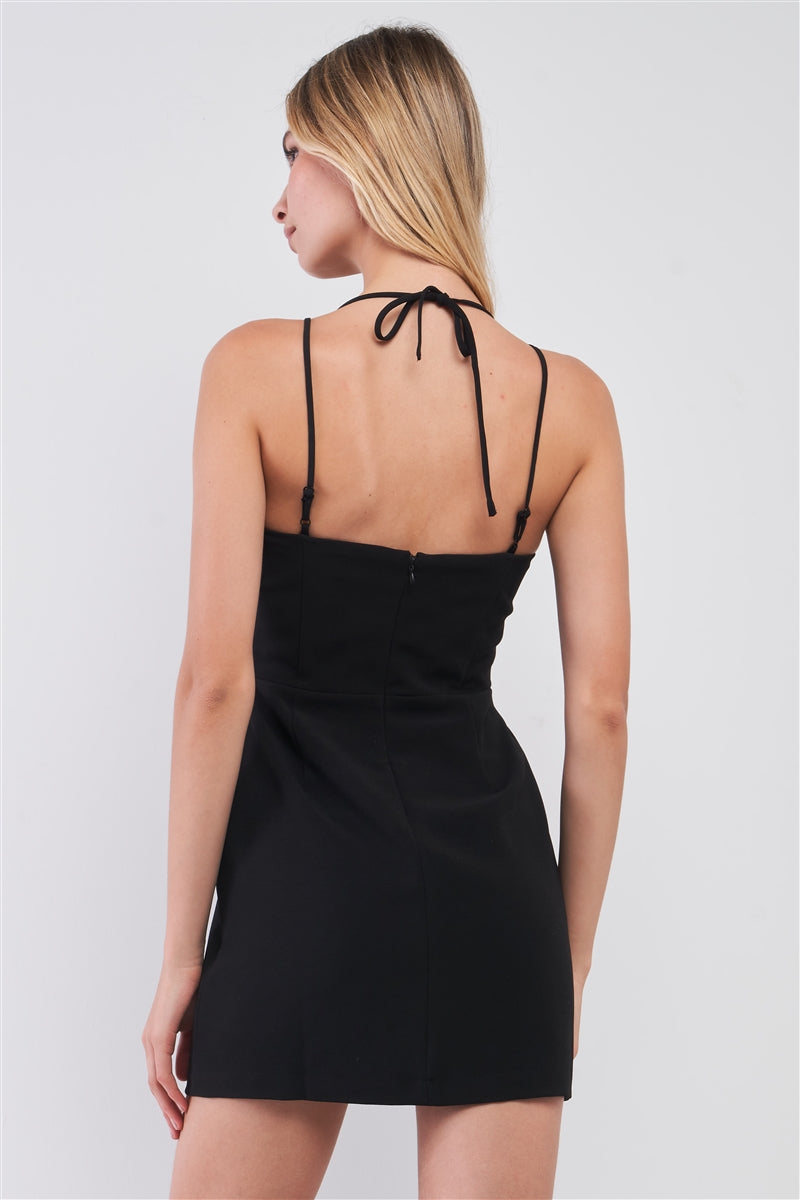 Black Slim Fit Sleeveless V-neck Front Corset Inspired Tie-up Detail Cocktail Mini Dress - ShopEasier