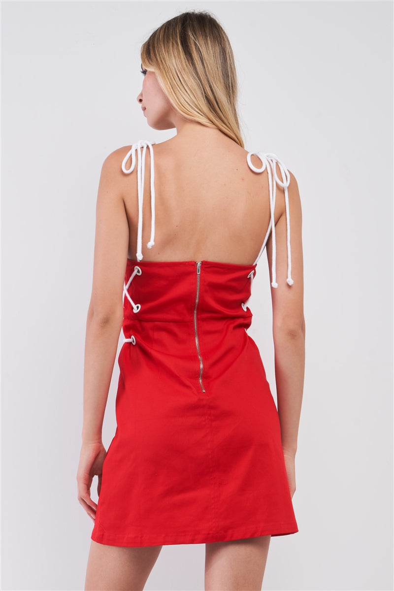 Lace-up Straps Sleeveless Square Neck Fitted Mini Dress - ShopEasier