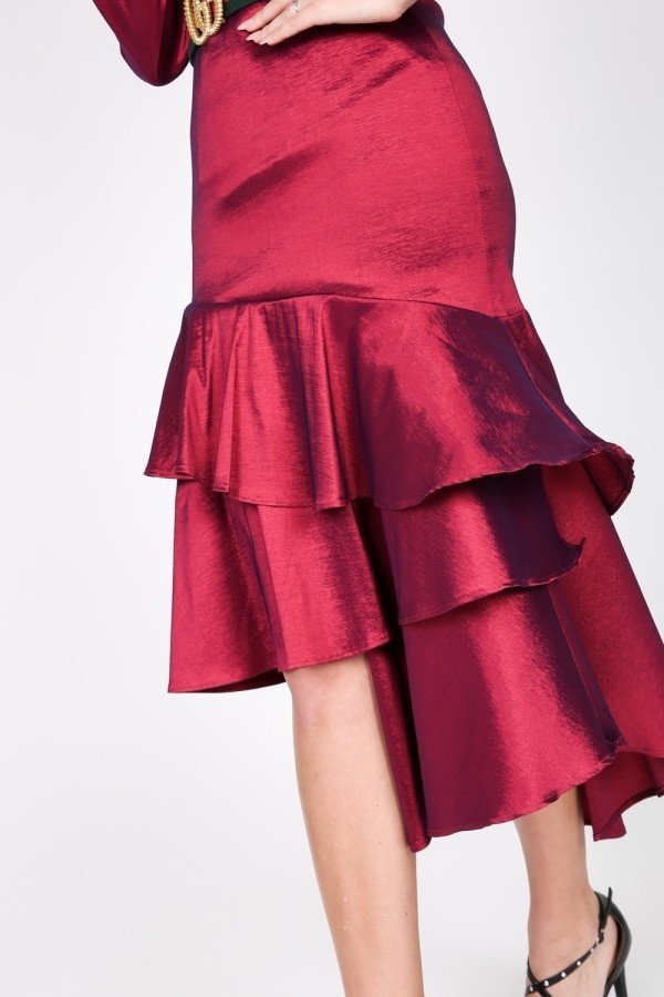 Asymmetrical Ruffle Bottom Satin Skirt - ShopEasier