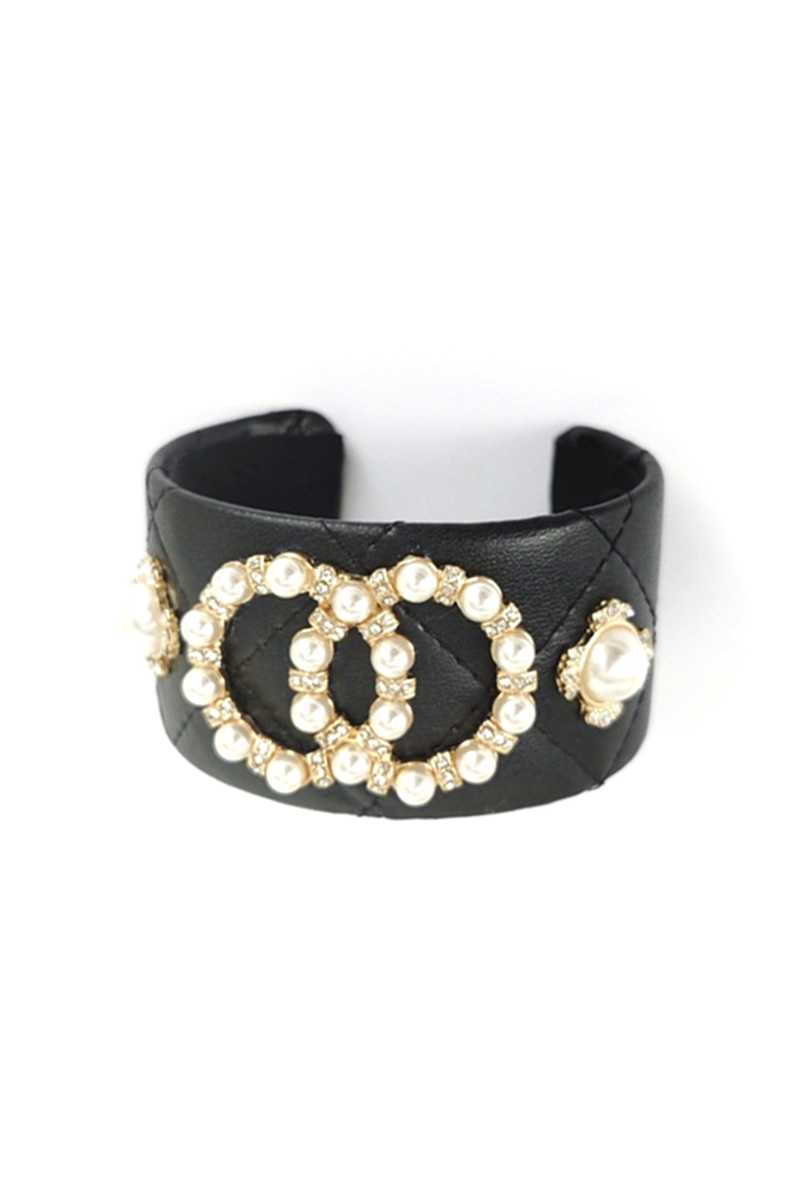 Fashion Pearl Double Round Studded Faux Leather Cuff Bracelet - ShopEasier