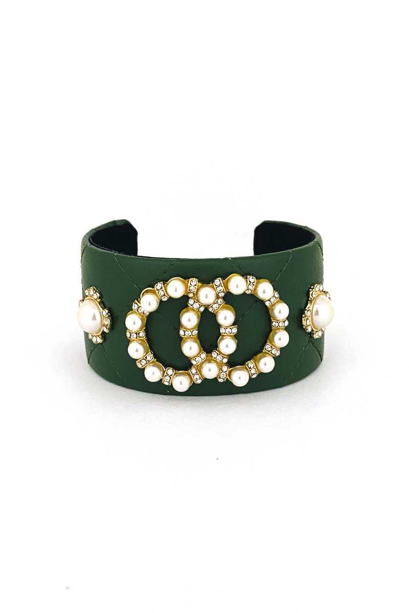 Fashion Pearl Double Round Studded Faux Leather Cuff Bracelet - ShopEasier