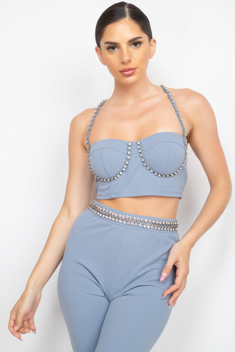 Stone Embellished Top And Pants Set - ShopEasier