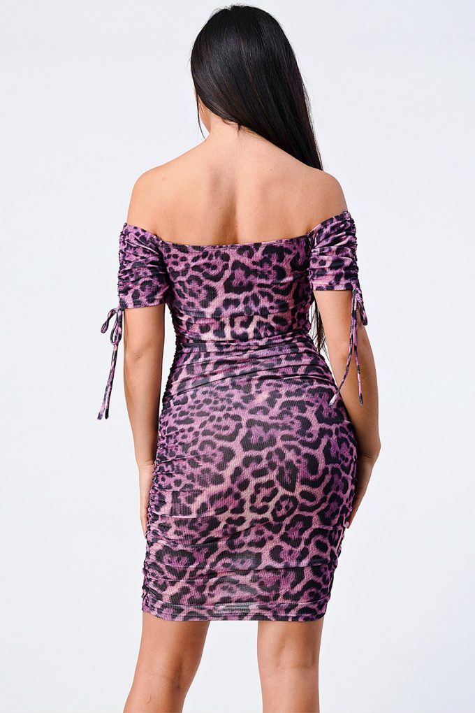 Leopard Print Off Shoulder Shirring Bodycon Dress - ShopEasier