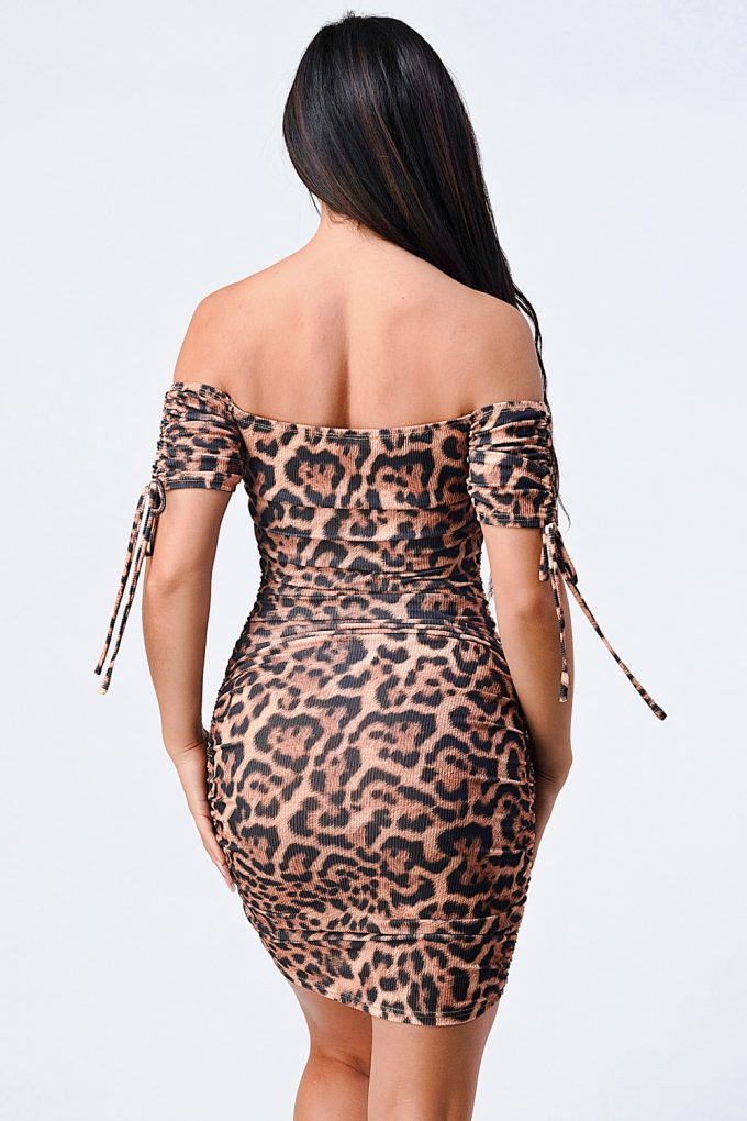 Leopard Print Off Shoulder Shirring Bodycon Dress - ShopEasier