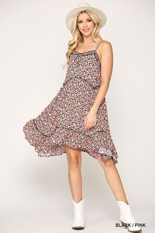 Ditsy Floral Print Sleeveless Dress With Lace Trim - ShopEasier