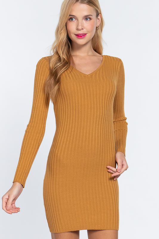 Long Slv V-neck Sweater Mini Dress - ShopEasier