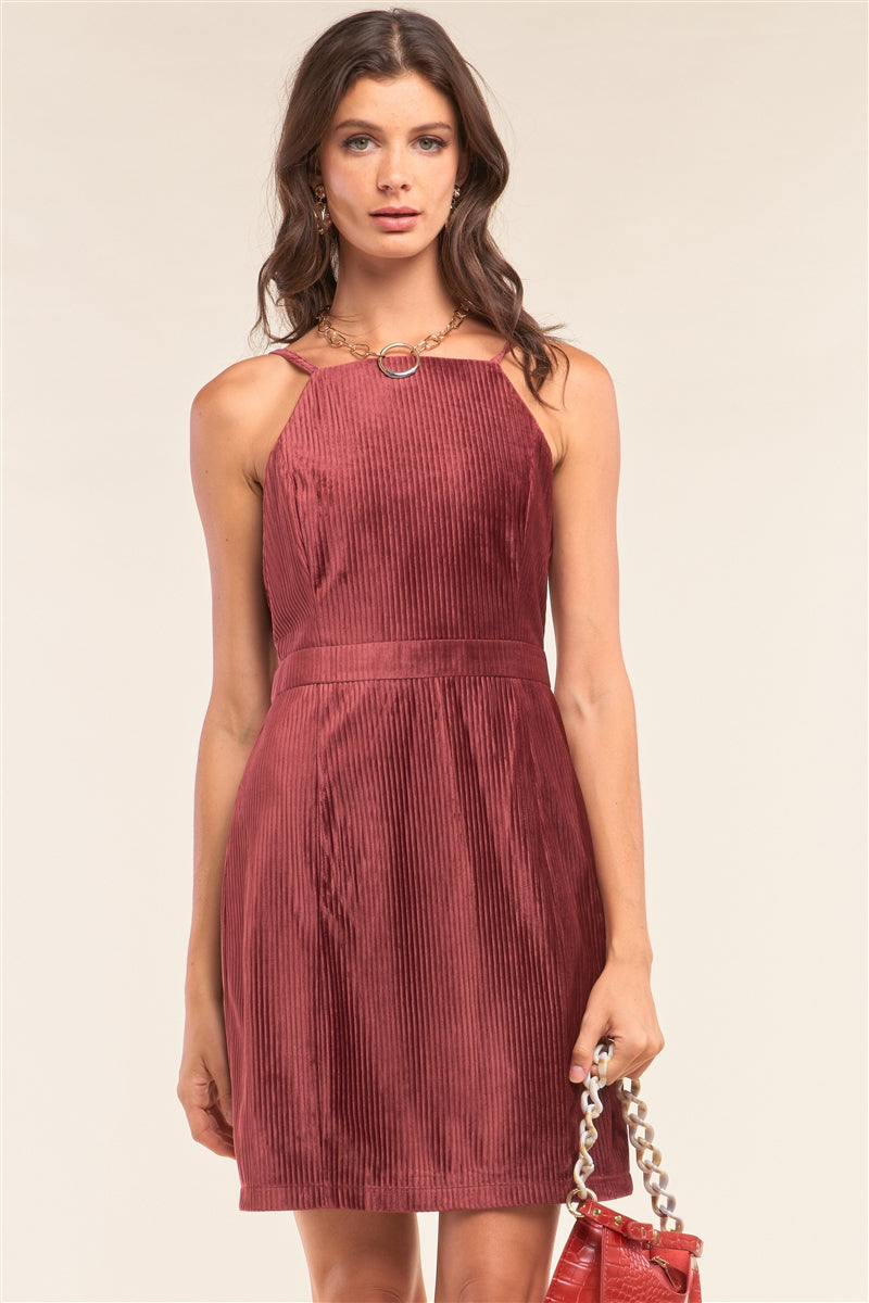 Cranberry Red Corduroy Sleeveless Square Neck Tight Fit Mini Dress - ShopEasier