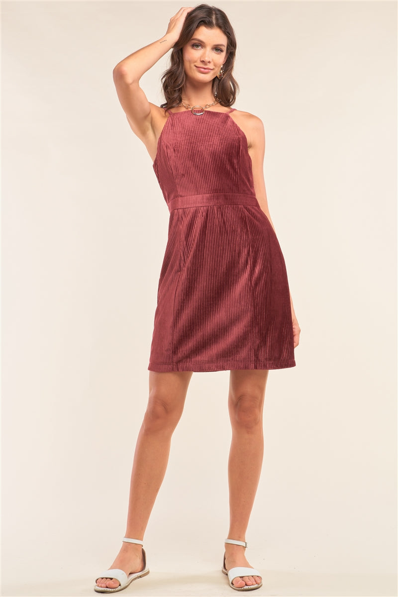 Cranberry Red Corduroy Sleeveless Square Neck Tight Fit Mini Dress - ShopEasier