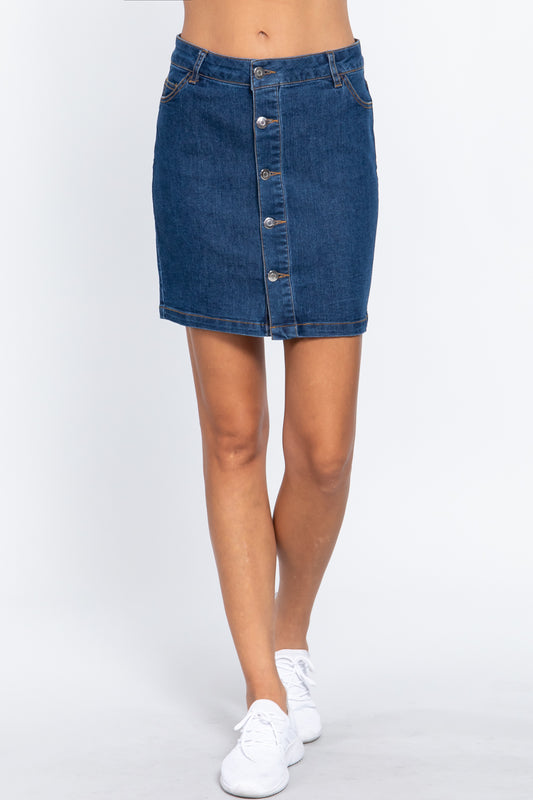 Buttoned Stretch Denim Mini Skirt - ShopEasier