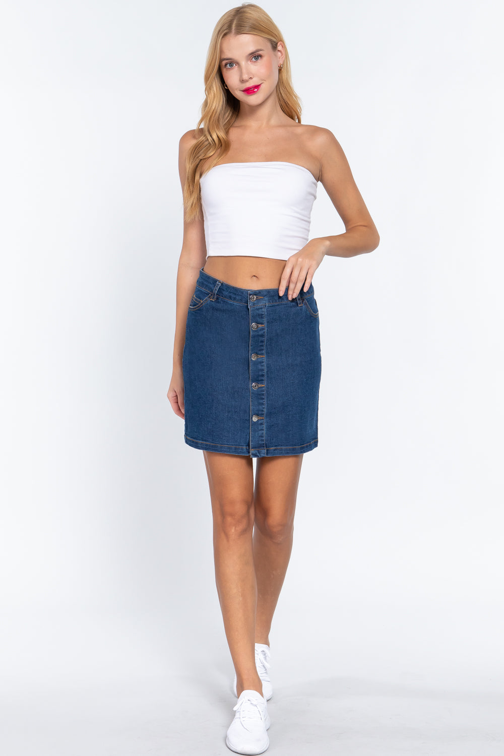 Buttoned Stretch Denim Mini Skirt - ShopEasier