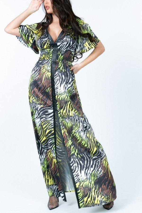 Deep V Neck Slit Zebra Print Long Dress - ShopEasier