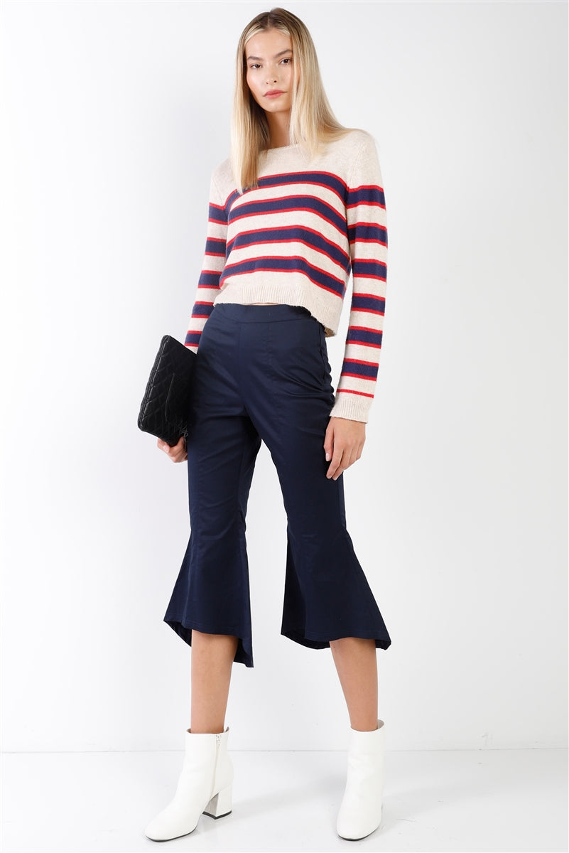 Navy Solid High Waisted Retro Bell Bottom Flare Pants - ShopEasier