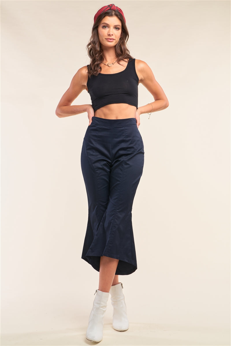 Navy Solid High Waisted Retro Bell Bottom Flare Pants - ShopEasier