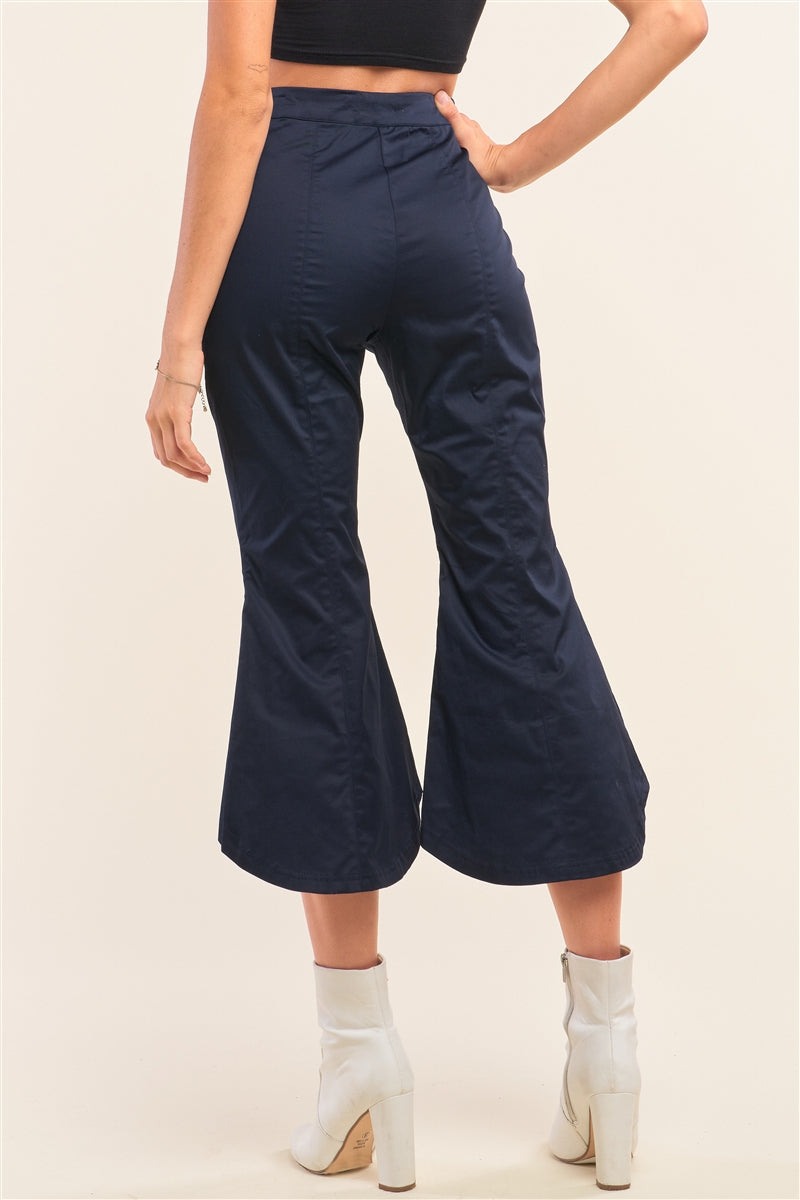 Navy Solid High Waisted Retro Bell Bottom Flare Pants - ShopEasier