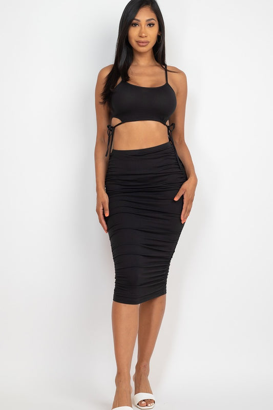 Cut-out Tie Side Crop Top & Ruched Midi Skirt Set - ShopEasier