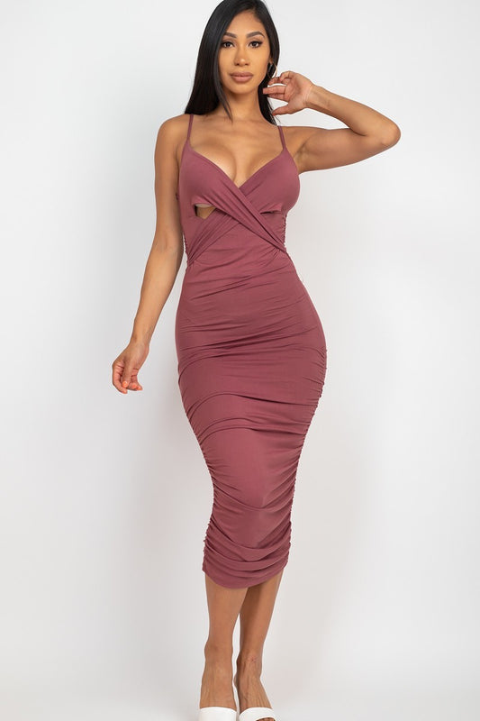 Cross Wrap Ruched Midi Dress - ShopEasier