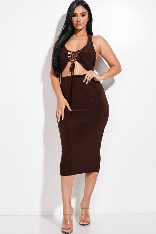 Solid Halter Neck Midi Dress With Criss Cross Front And Cutout - ShopEasier