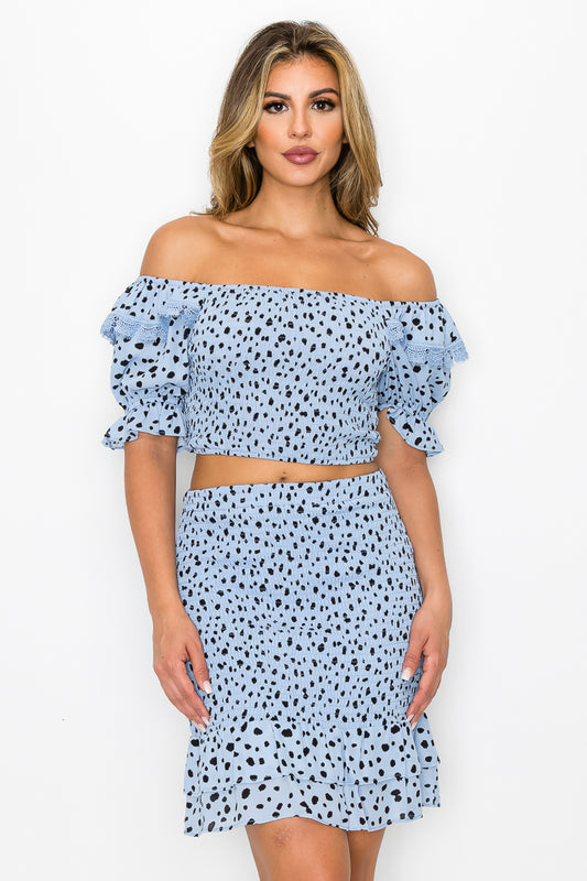 Smocking Ruffled Printed Top & Skirts Set - ShopEasier