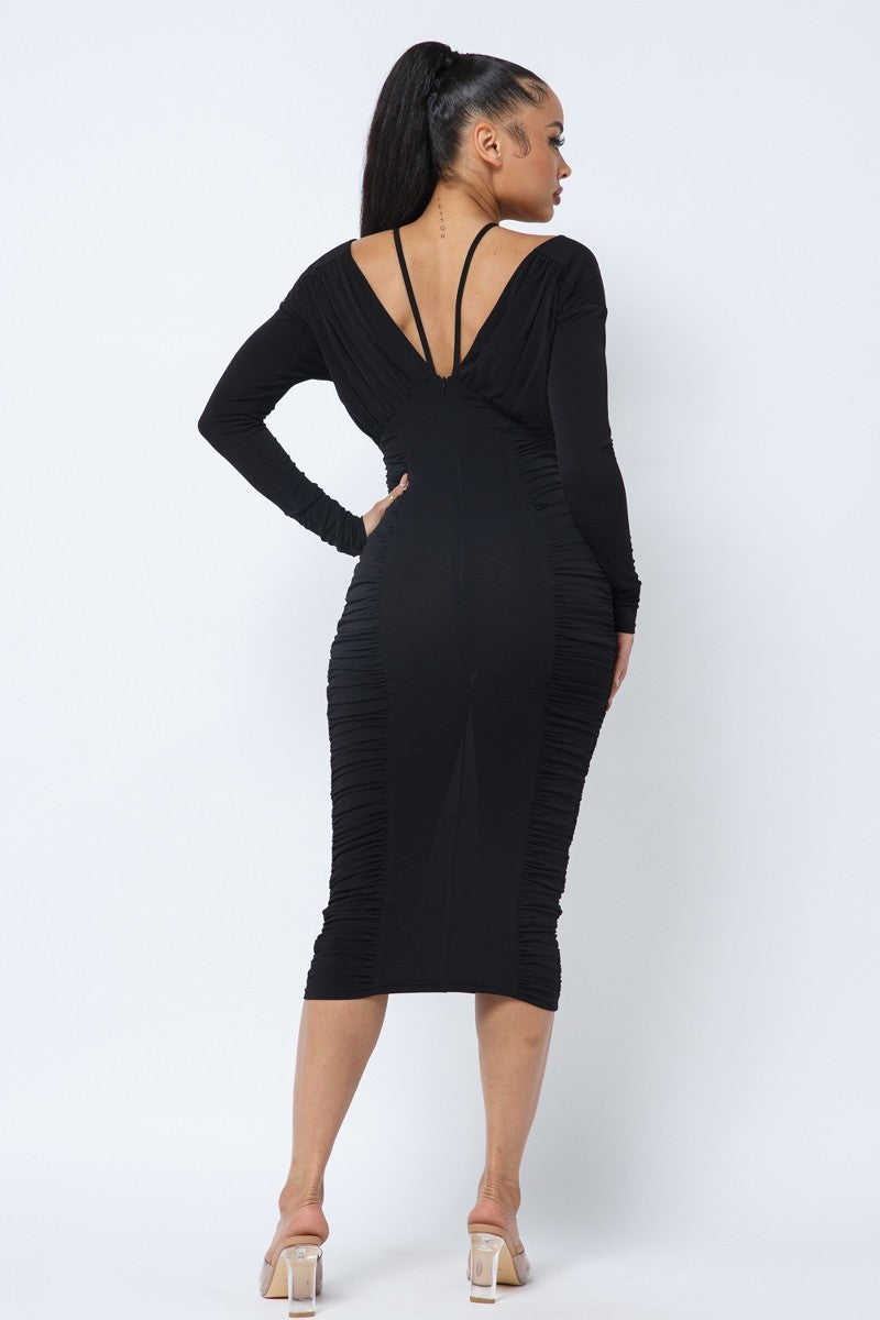 Long Sleeve Midi Dress With Low V Neck Front And Back With Ruching On Sides And Chest - ShopEasier