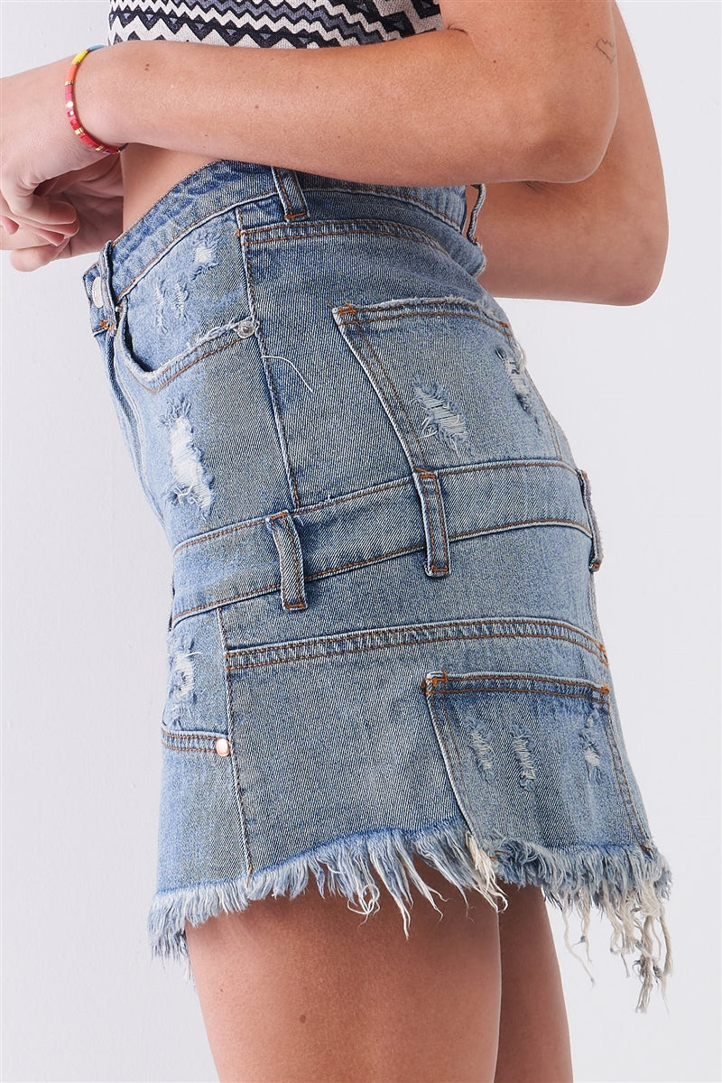 Medium Blue Denim High-waist Distressed Effect Asymmetrical Trim Raw Hem Detail Mini Skirt - ShopEasier