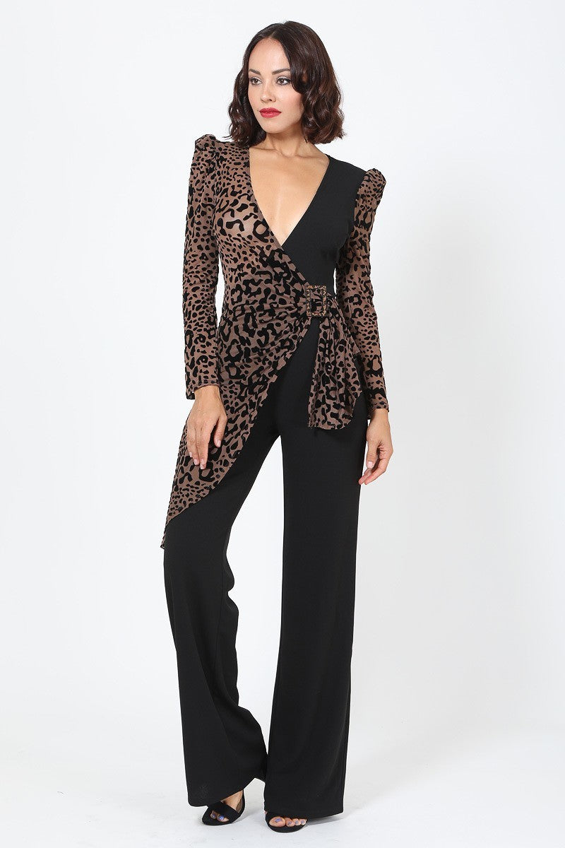 Plunging V Buckle Detail Leopard Jumpsuit - ShopEasier