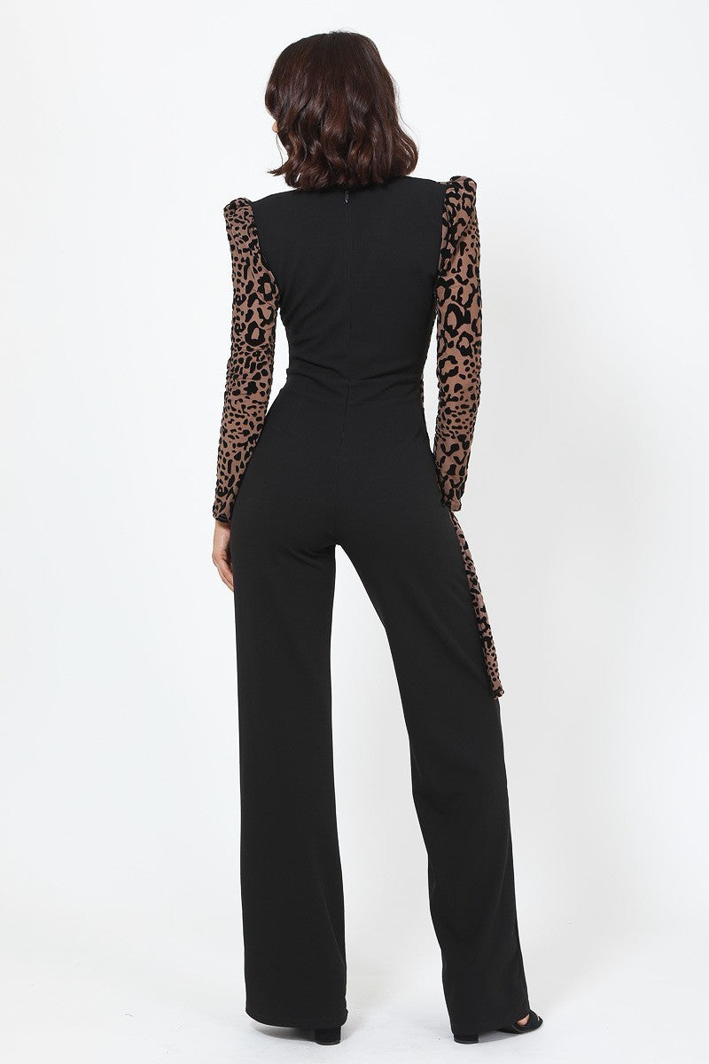 Plunging V Buckle Detail Leopard Jumpsuit - ShopEasier