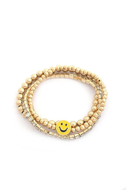 Enamel Happy Face Charm Rhinestone Ball Bead Bracelet Set - ShopEasier