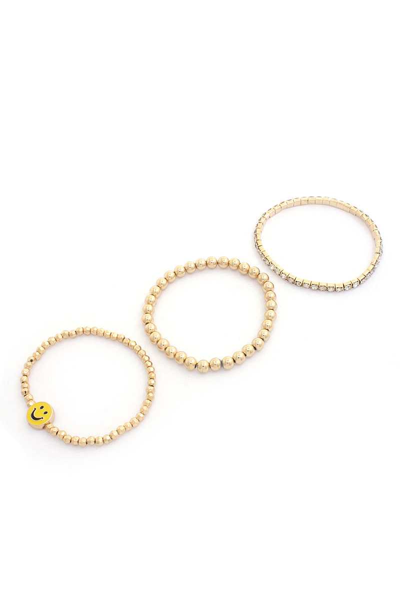 Enamel Happy Face Charm Rhinestone Ball Bead Bracelet Set - ShopEasier