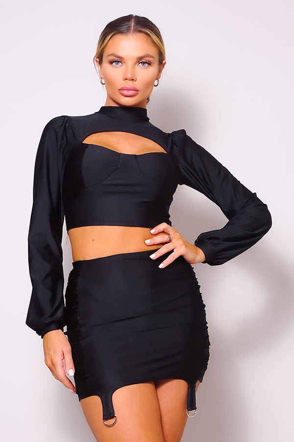 Puff Long Sleeve Front Cutout Turtleneck Blouse & Side Ruched Garter Mini Skirt Set - ShopEasier