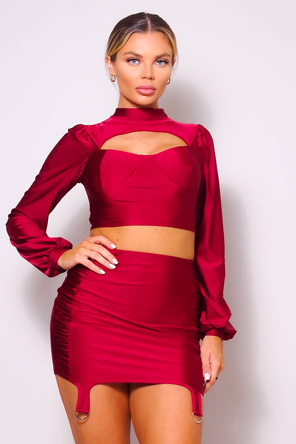 Puff Long Sleeve Front Cutout Turtleneck Blouse & Side Ruched Garter Mini Skirt Set - ShopEasier