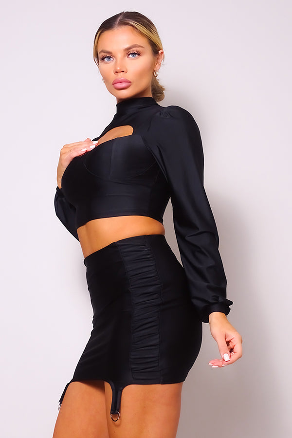 Puff Long Sleeve Front Cutout Turtleneck Blouse & Side Ruched Garter Mini Skirt Set - ShopEasier