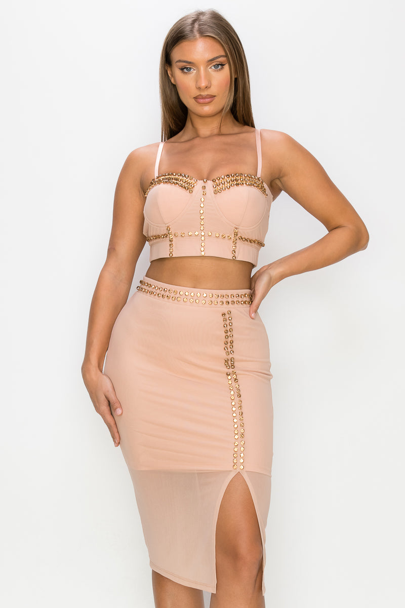 Studded Stone Cami Top & Slit Mini Skirts Set - ShopEasier