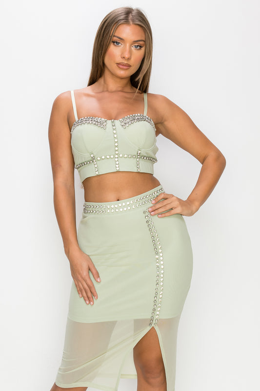 Studded Stone Cami Top & Slit Mini Skirts Set - ShopEasier