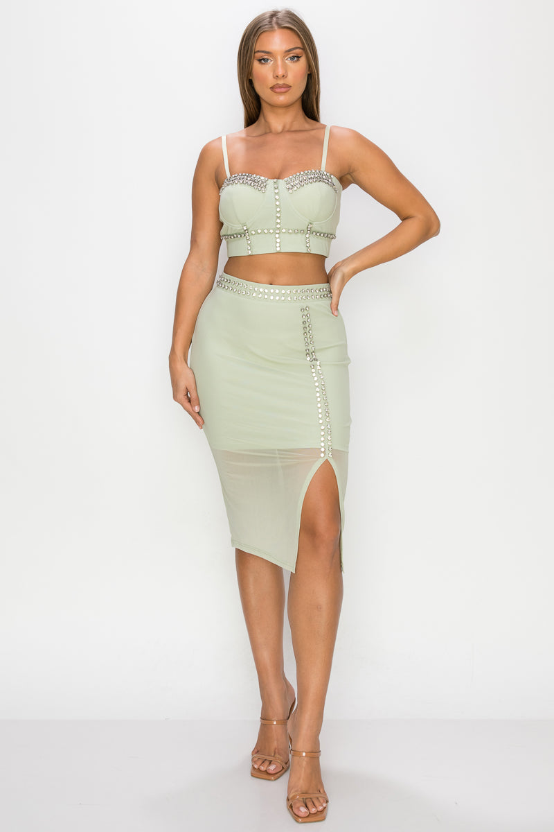 Studded Stone Cami Top & Slit Mini Skirts Set - ShopEasier