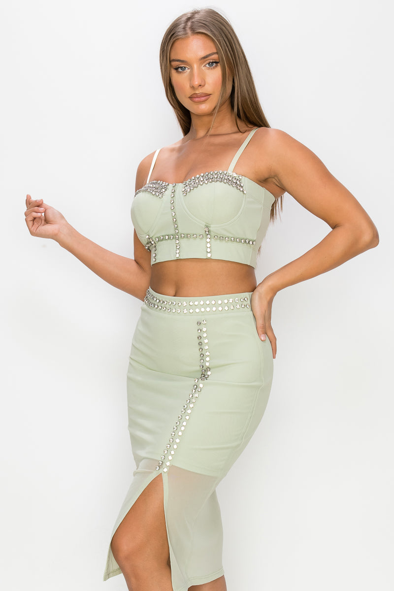 Studded Stone Cami Top & Slit Mini Skirts Set - ShopEasier