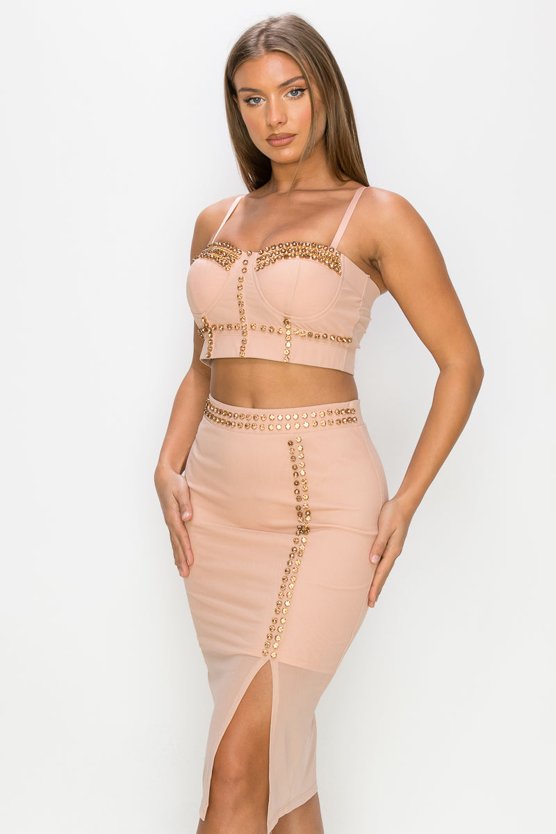 Studded Stone Cami Top & Slit Mini Skirts Set - ShopEasier