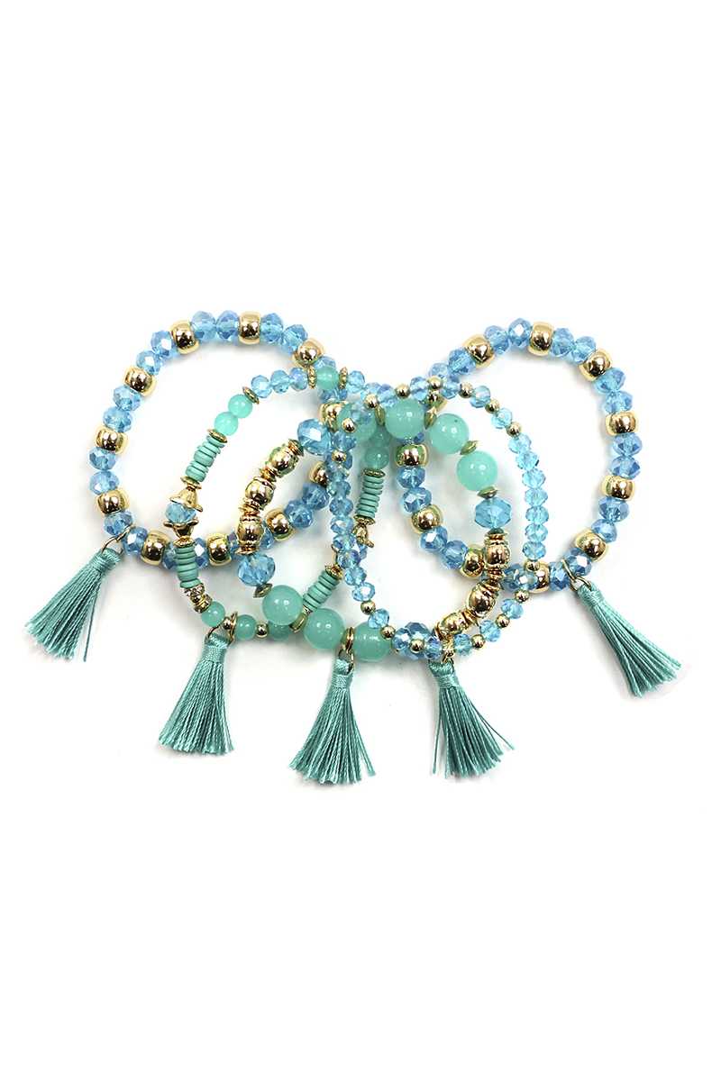 Crystal Stone Ball Bead Tassel Stretch Bracelet Set - ShopEasier