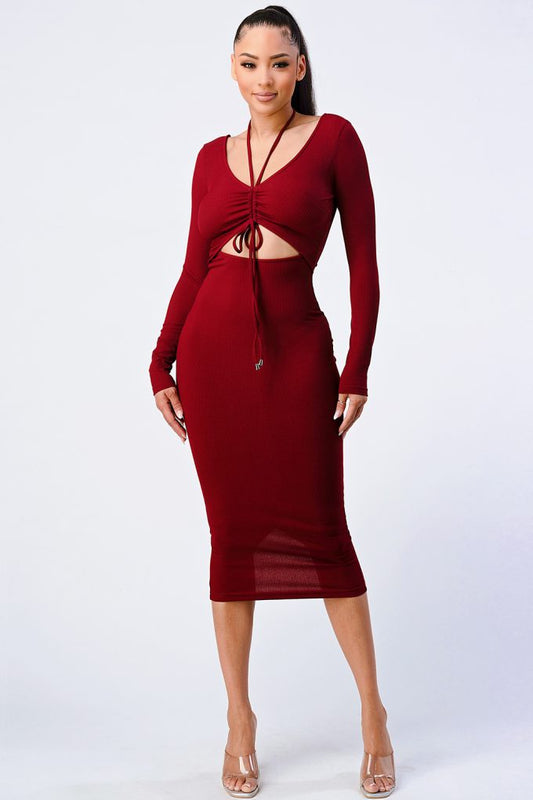 Trendy Front Shirring Cut-out Long Sleeved Dress - ShopEasier