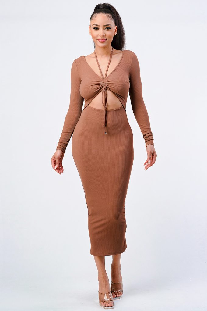 Trendy Front Shirring Cut-out Long Sleeved Dress - ShopEasier