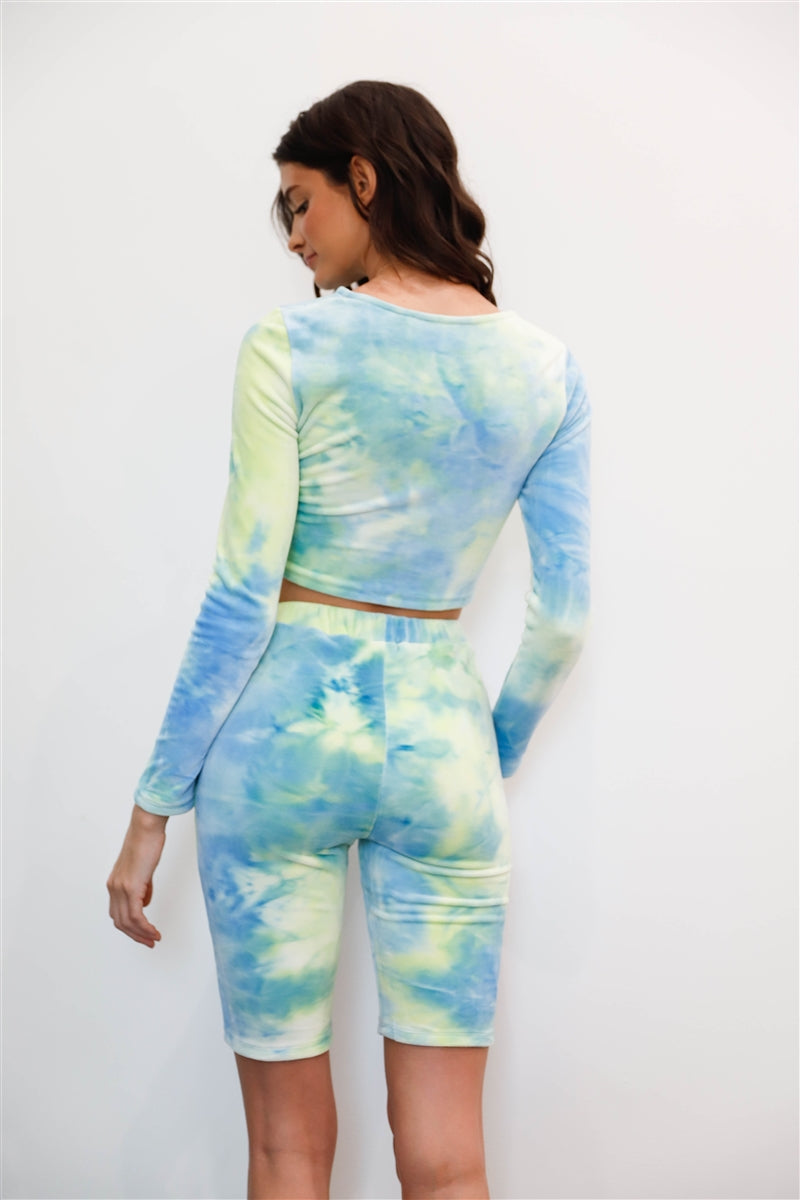 Multicolor Tie-dye Velvet Cropped Long Sleeve Top & Bike Shorts Set - ShopEasier