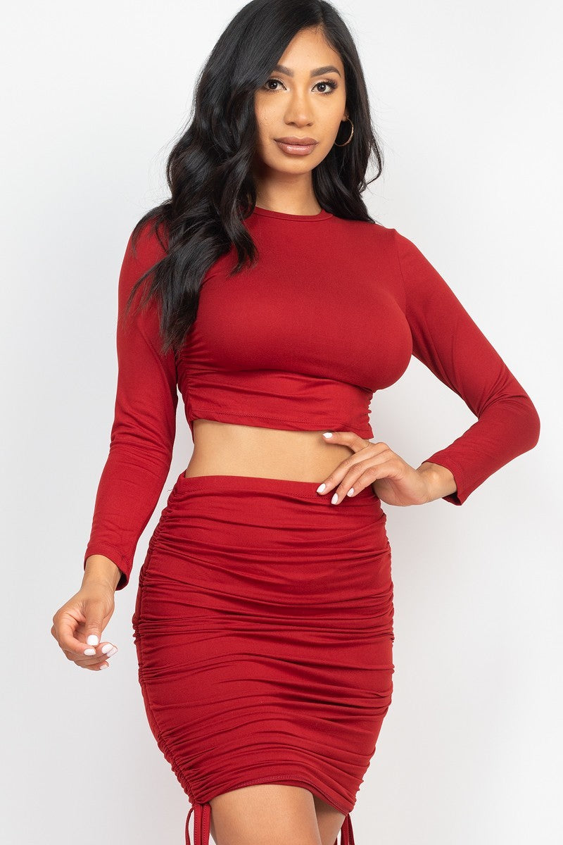 Ruched Side Crop Top & Drawstring Skirt Set - ShopEasier